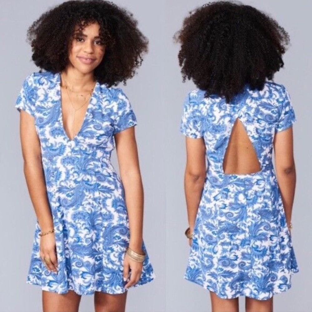 Show Me Your Mumu Antiqua Stretch Ibiza Blue White Floral Dress EUC